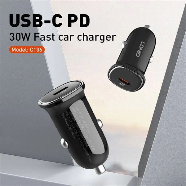 شارژر فندکی 30 وات الدینیو مدل LD-C106 به همراه کابل تبدیل USB-C (همراه کابل)