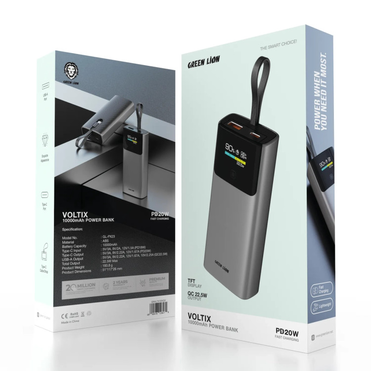 پاوربانک گرین لاین مدل Voltix ظرفیت 10000 میلیآمپر ساعت | PD 20W + QC 22.5W