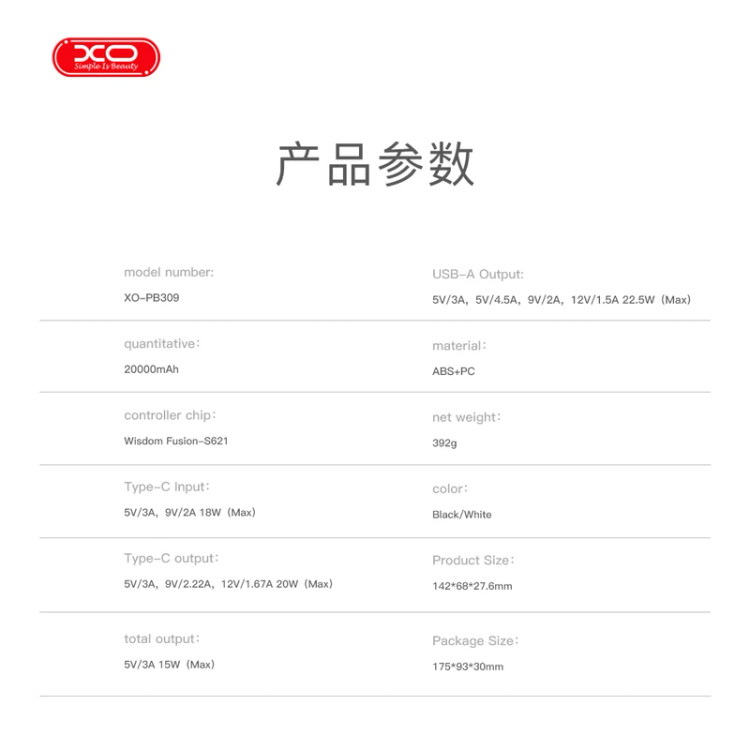پاوربانک XO مدل PB309 ظرفیت 20000 میلیآمپر ساعت