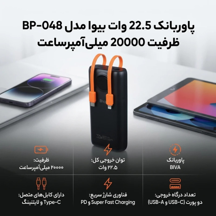 پاوربانک بیوا مدل BP-048 ظرفیت 20000 میلیآمپرساعت